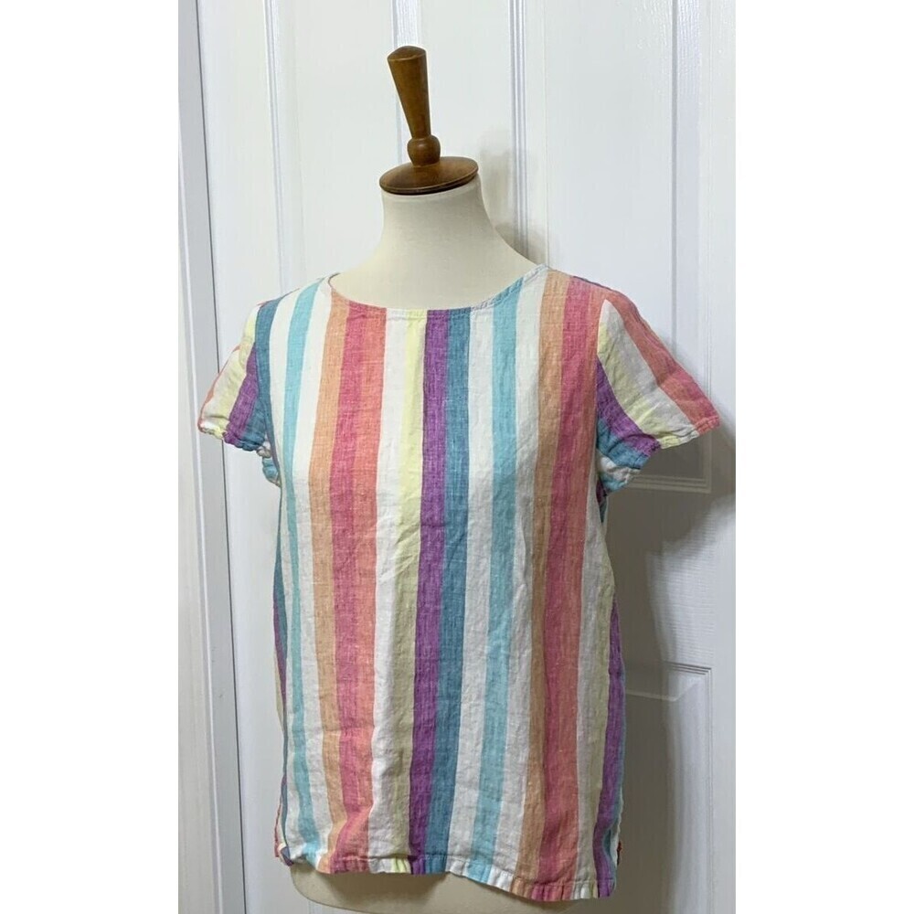 C&C California 100% Linen Shirt Striped Rainbow Cap Sleeve Size Small